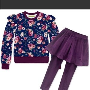 Floral Sweatshirt and Purple Skirt Leggings Set